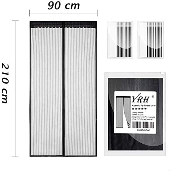 Magnetisk flueskærmdør, kraftig insektnetgardin med stærke magneter og fuld ramme magisk tape, insektbeskyttelsesdør uden mellemrum, hold insekter ude Black 90 x 210 cm