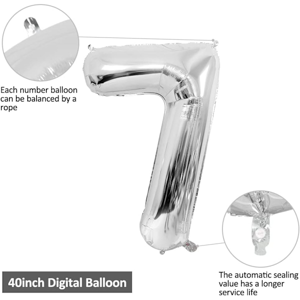 Nummerballonger, 40 tum stora silver nummer 7 folie mylar heliumballonger för födelsedagsfestdekoration Silver #7