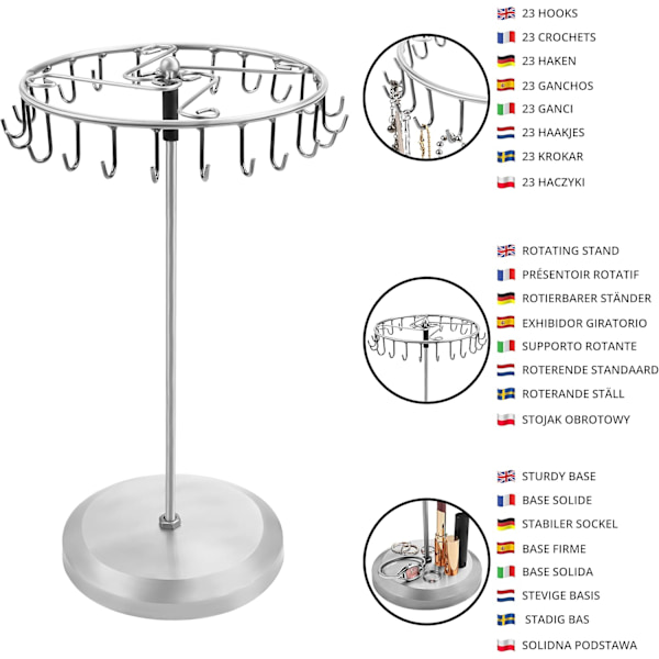 SIlverfärgad Metallroterande Smyckesställ Displayställ (23 Krokar) - H34,8 x B20,5 cm / 13,70 x 8,07 Tum - Hängande Organiserande Tornställ - Förvaring för Silver
