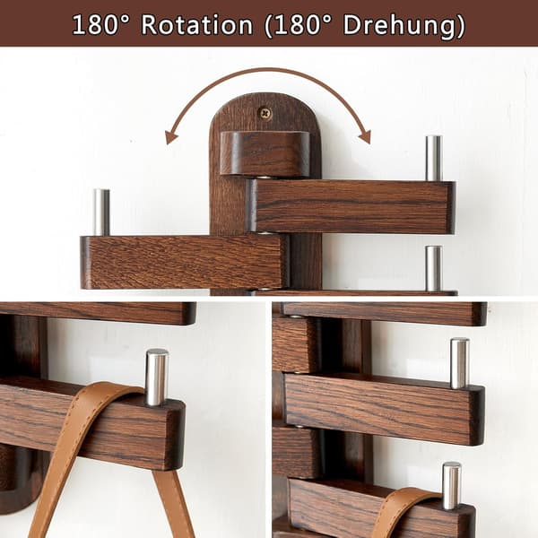 Oak Swivel Coat Rack, Solid Wood Hooks with 5 Swiveling Foldable Arms, 30 cm Long Wall Rack Hat Hooks for Bedroom (Walnut)