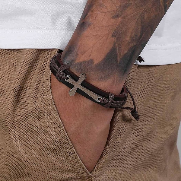 Läderarmband för män med bibeltext, korsarmband, justerbart armband, födelsedagspresent till män och pojkar (brun)
