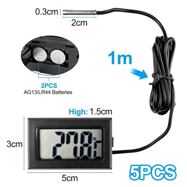 5 stk. digitale kjøleskapstermometre, digital temperatursensor med LCD-skjerm, temperaturtermometer med sensor