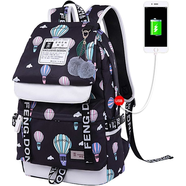 Ryggsekk for tenåringsjenter, ungdomsskoleelever, utendørs dagstursekk med USB-ladeport 1# Blackballon 20 Liters