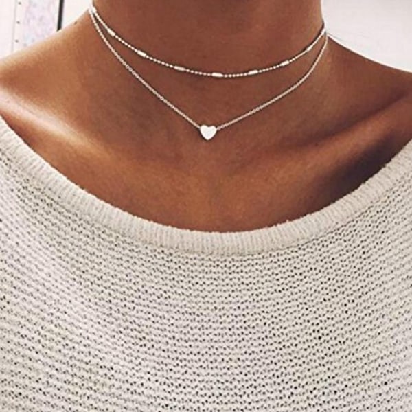 Boho Lagdelt Hjerte Halskjede Sølv Perlekjede Choker Halskjede Kjæreste Anheng Halskjeder Smykker for Kvinner og Jenter (SET1)