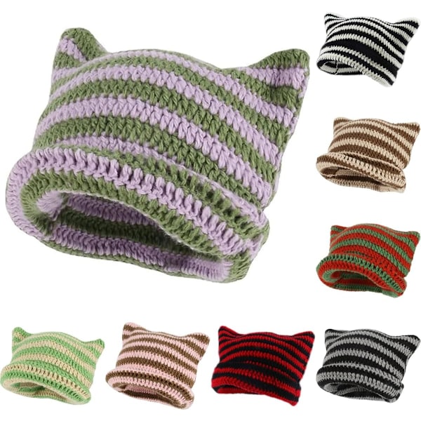 Dam Cat Beanie Stickade Hattar Med Öron Stickade Randiga Vinter Varma Slouchy Elastisk Mössa För Flickor Vuxna Barn Purple green One size