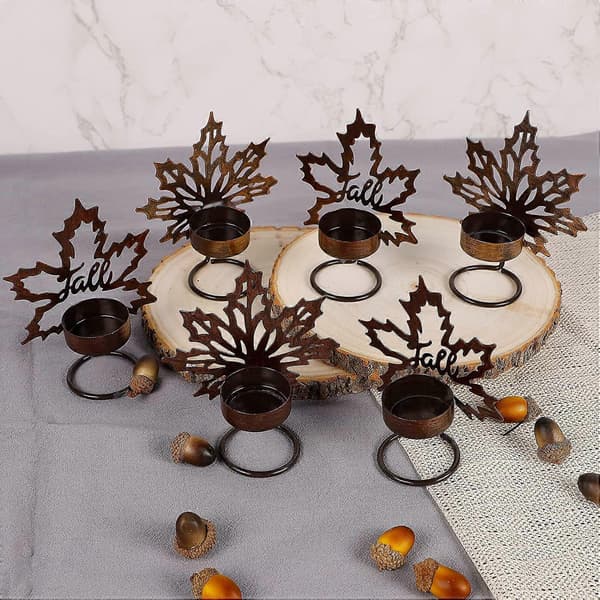 Sett med 6 Maple Leaf Telysholdere Metall Thanksgiving Bordpynt