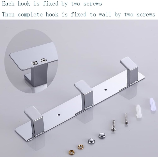 Krog til vægmontering, skrue, rævefarvede dørkroge, krom, frakke- og kåbestativ til badeværelse eller køkken 410-3 Chrome Square 3 chrome coat hook
