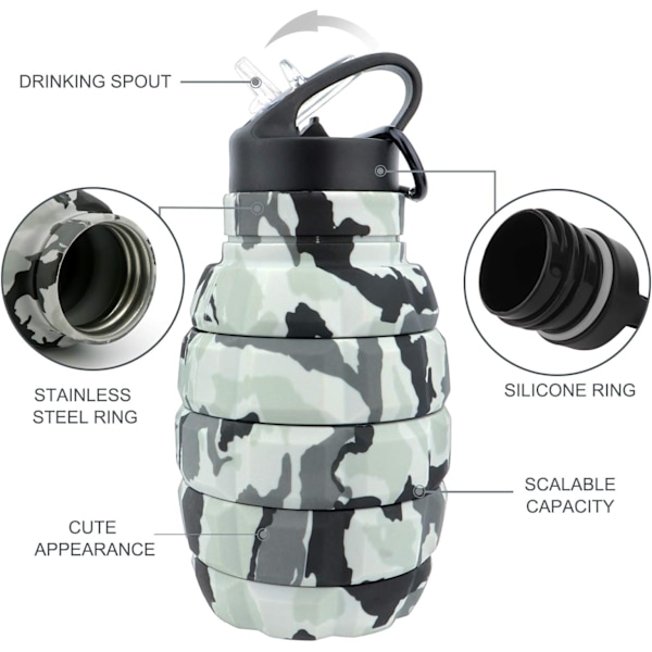 Taitettava Matkakäyttöinen Vedenkeitin 18 oz, Uusiokäyttöinen Silikoninen Taitettava Vedenkeitin Kouluille, Toimistoille ja Ulkotiloille, Kannettava Vuotamaton Urheilu Camo