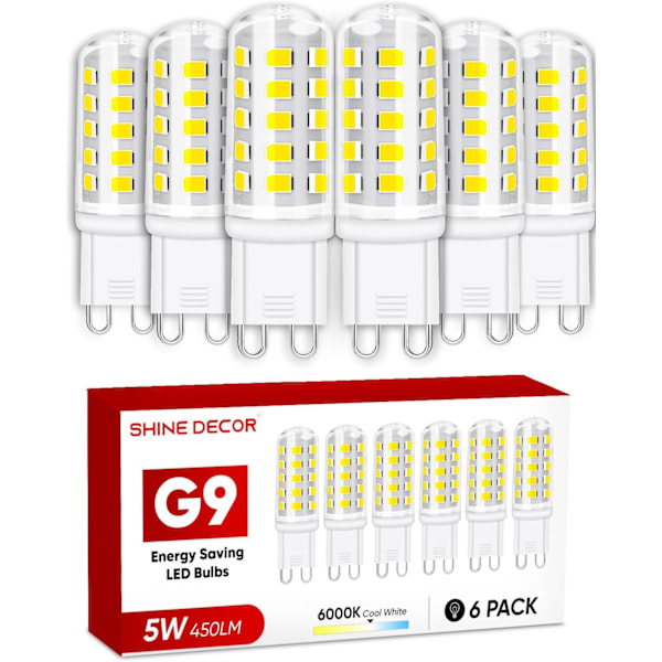 G9 LED-pære, 5W kald hvit 6000K, 450LM, tilsvarer 50W halogen, egnet for pendellamper taklamper vegglamper 6-pakning Model 1 Cool White