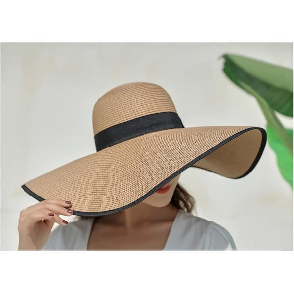 Kvinner sammenleggbar floppy bred brem strå solhatt sommer strandhatt UV UPF 50+ 03Style Coffee