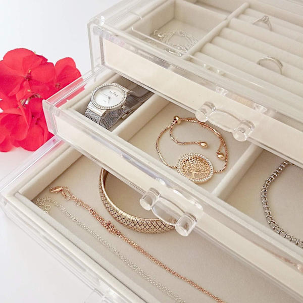 Smykkeæske til kvinder med 3 skuffer, smykkearrangør i fløjl til øreringe, armbånd, halskæde og ringe, opbevaring i klart akryl Transparent Cream  3 Drawers