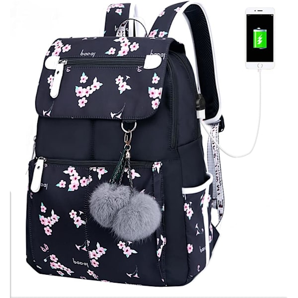 Ryggsäck för tonårsflickor, mellanstadieelever, utomhusryggsäck med USB-laddningsport 3# Cherry 19 Liters