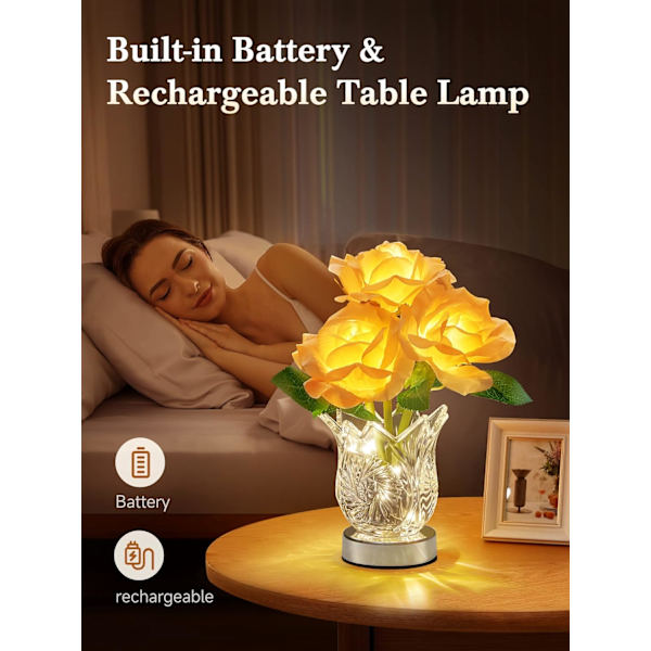 Blomlampa Touch-lampa, dimbar bordslampa uppladdningsbar lampa, Forever Rose-lampa sladdlös lampa med glasvas, liten lampa batterilampa för sovrum L Rose Flower Lamp