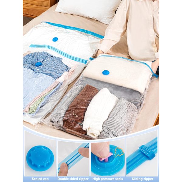 Vakuumförvaringspåsar, 6 st återanvändbara vakuumpåsar (3 jumbo + 3 stora) Mal/dammsäkra utrymmesbesparande påsar för kläder och täcken för att spara 80 % utrymme Transparent 3XL+3L
