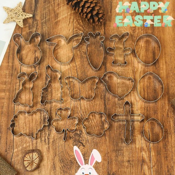 15 stycken påskkakformar för bakning - Kanin, kyckling, ägg, morot, klöver, fjäril, får, kors och blomma påskkakform Silver Easter