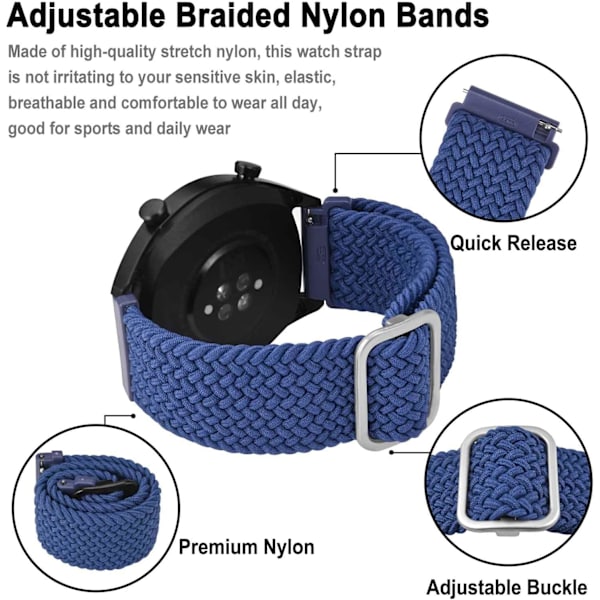 Nylonklockarmband, justerbara flätade öglor för män och kvinnor, 16 mm 18 mm 19 mm 20 mm 22 mm 24 mm att välja mellan Blue / Silver Buckle 18mm