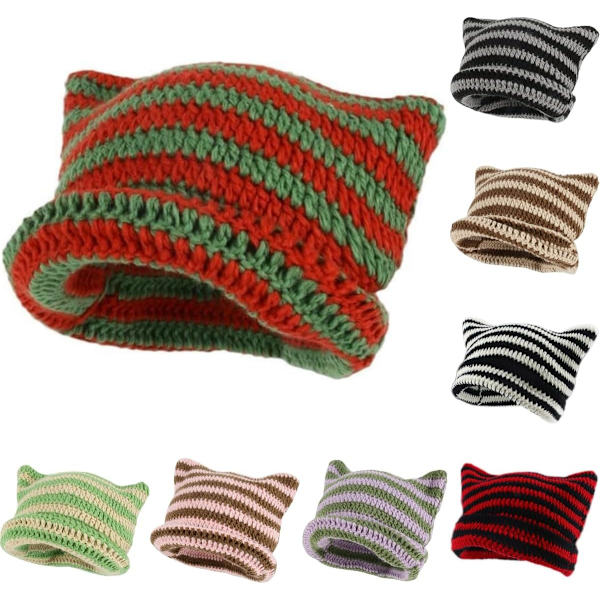Dam Cat Beanie Stickade Hattar Med Öron Stickade Randiga Vinter Varma Slouchy Elastisk Mössa För Flickor Vuxna Barn Red green One size