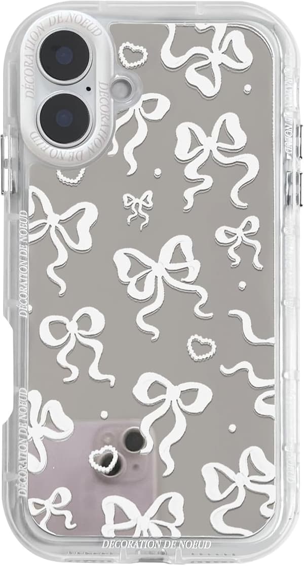 Compatible with iPhone 16 Plus Case Cute Mirror Bow Love Heart Pattern for Women Girls Strap Design Shockproof Protective Phone