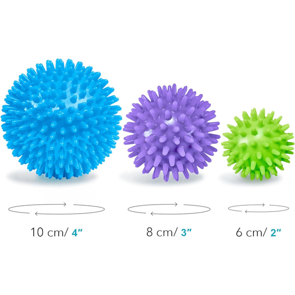 Piggete massasjeballer (sett med 3) - 6,5 cm, 7,5 cm, 9 cm - Plantar fasciitt, triggerpunkt, dypvev, myofascial frigjøring, stressball, yoga pilates ex Cyan, Green, Purple