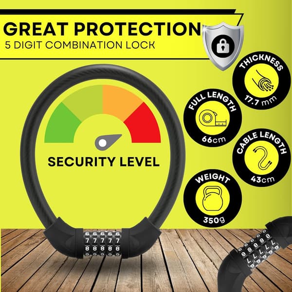 Heavy Duty Bicycle Lock - 5-Digit Combination Cable Lock - Waterproof Motorcycle Lock - Perfect for Bicycles (1-pack)