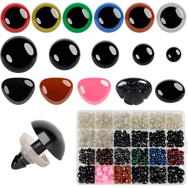 600 st plast säkerhetsögon och näsor för Amigurumi virkning hantverk dockor stoppade djur och nallebjörn, flera färger och storlekar (Ø 6~14mm)