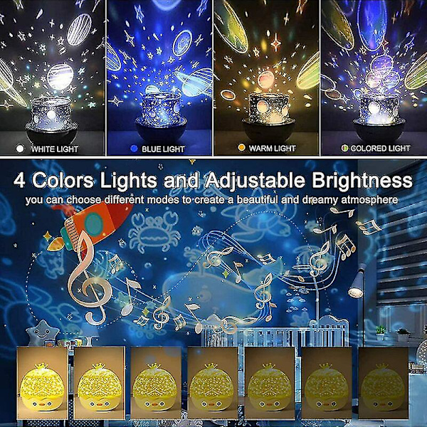 Stjernehimmel Projektorlampe, 3 i 1 LED-høyttaler Musikk Nattlys for barn med 6 projeksjonsfilmer 360 roterende stjernehimmelmusikkprojektor med fjernkontroll