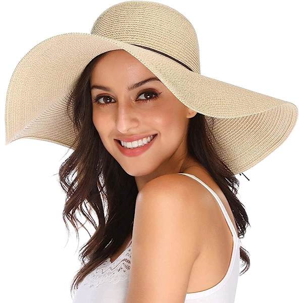 Kvinner Foldable Floppy Bred Brede Brede Solhatt Sommer Strandhatt UV UPF 50+ 04Style Beige