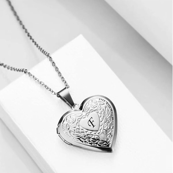 Smycken Brev A-Z Initial Bild Foto Hjärta Medaljong Alfabetet Namn Födelsedag Hänge Halsband för Kvinnor Flickor Rostfritt Stål F