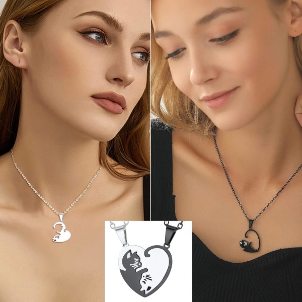 Rustfrit stål puslespil til 2 stykker puslespil vedhæng halskæde, kat/livets træ/hjerteformet, tilpasselig, yin yang halskæder smykker gave til Style 02 Black PlatedPersonalised Personalized