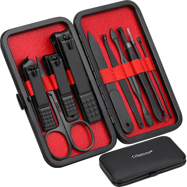 Manikyrset Nagelsax Kit Professionella Rostfria Nagelvård Verktyg med Läder Resväska 10 i 1 Svart