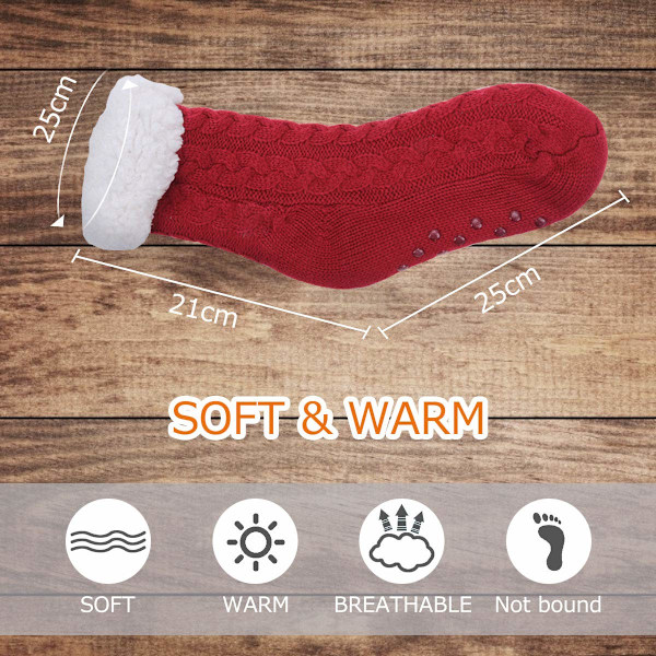 Tofflor Strumpor - Vinter Dam Non Slip Mjuka Mysiga Tofflor Strumpor Fleece Fodrade Fluffy Strumpor Stickade Varma Hemstrumpor(storlek:35-40， Vinröd)