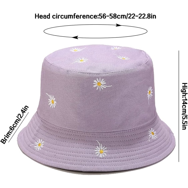 Søt Bucket Hat Beach Fisherman Hats for kvinner, reversible Double-Side-Wear Daisy Purple