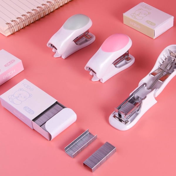 Mini Uanstrengt Desktop Heftemaskiner med 400 Standard 26/6 Hefteklammer, 2-24 Ark Kapasitet, Inkluderer Innebygd Hefteklammerfjerner, Søt Heftemaskin Gave til Stu