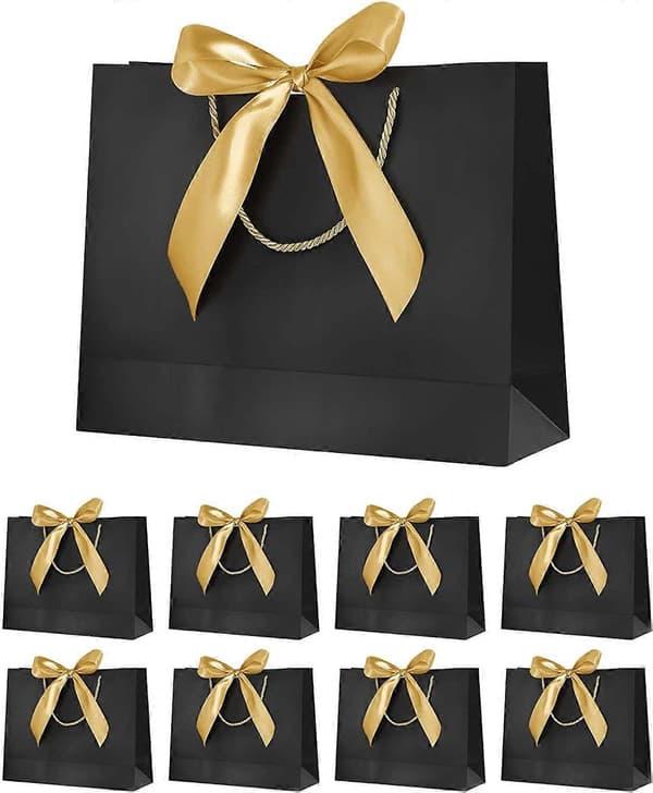 Papperspresentpåsar med gyllene rosettband, 32x25x10 cm, (Svart, 8-pack)