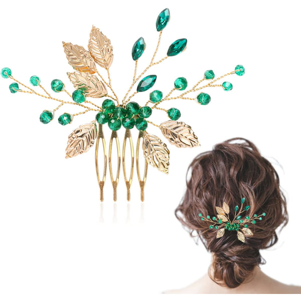 Häähiustarvikkeet morsiamille, kultaiset lehdet vihreät smaragdikristallihiusneula morsian häähiukset liukukenno vintage hiuspalat tekojalokiviä gold & green