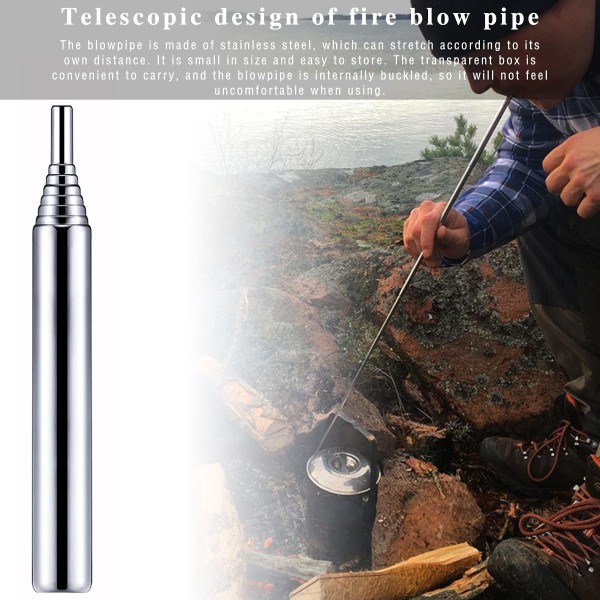 2 STK Blow Fire Tube, Bærbar Rustfri Stee Brand Bælge Teleskopisk Bål Værktøj Lomme Bælge med Karabinhage til Udendørs Camping Rejse Pejs