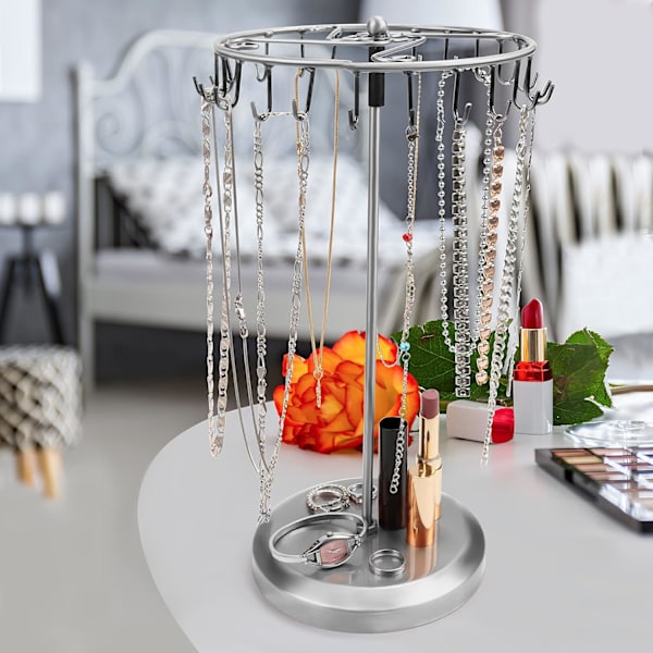 SIlverfärgad Metallroterande Smyckesställ Displayställ (23 Krokar) - H34,8 x B20,5 cm / 13,70 x 8,07 Tum - Hängande Organiserande Tornställ - Förvaring för Silver