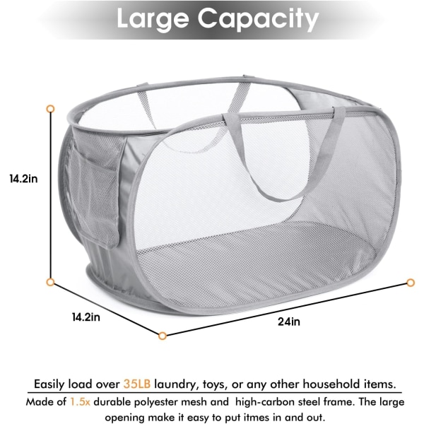 Slitesterk sammenleggbar klesvaskkurv, Mesh Pop Up klesvaskkurv med praktisk lomme, sammenleggbar klesvaskkurv med forsterkede bærehåndtak for La Gray