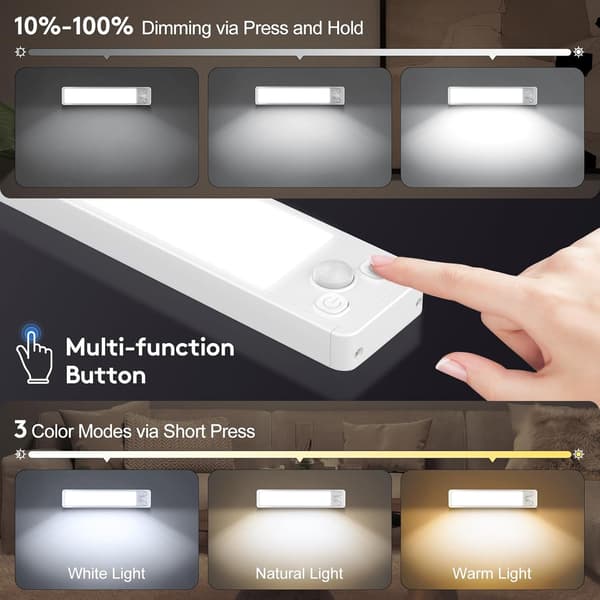 Under Cabinet Lighting - Rechargeable Tri-Color LED Strip with Magnetic Motion Detection, 2-Pack