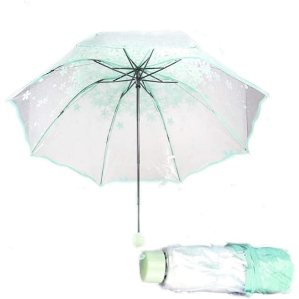 Hyresbart Fällbart Parasoll Körsbärsblommor Transparent Parasoll Genomskinligt Regn Fällbart Parasoll för Kvinnor Barn Flickor Lätt Vindtåligt Kompakt Parasoll Green
