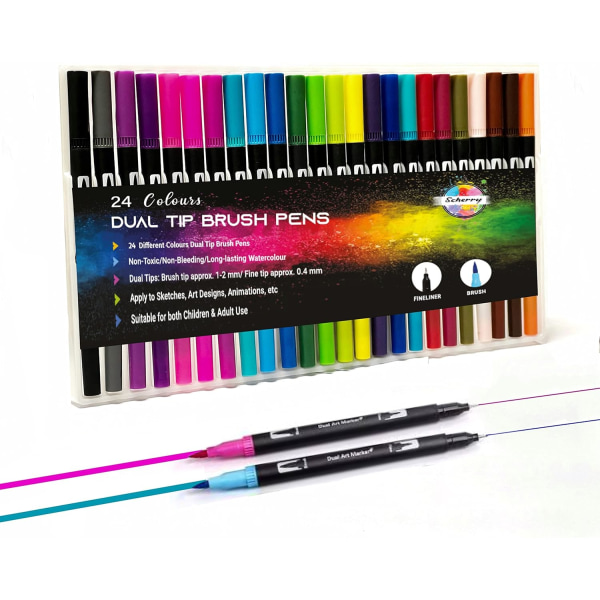 Farveblyanter til voksne Scherry Dual Tip Brush Pens 24 farver Filtstift Farvede Kunstpenne til voksne, Børnemarkører til kalligrafi Tegneseriebogstaver 24