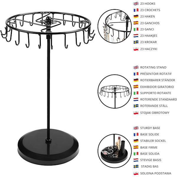 Svart metallroterande smyckesställ (23 krokar) - H34,8 x B20,5 cm / 13,70 x 8,07 tum - Hängande organiserande tornställ - Förvaring Black