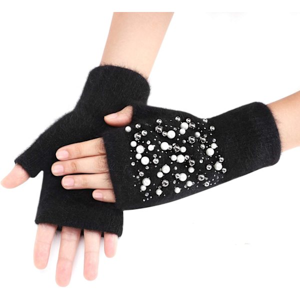 Vinterhandskar för flickor, söta tecknade djurklövar, halvfinger, tjocka & varma, mjuka plysch, korallfleece, snöre, vantar Pearled Black