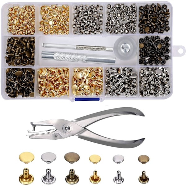 Lädernit 240 Set Dubbelhatt Nit Tubulära Metalldubbar 2 Storlekar med Stansklippare och 3-delad Sättverktygssats för DIY Läderhantverk Reparationer De