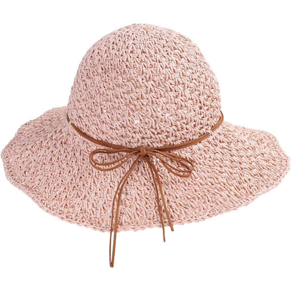 Solhatt i halm för kvinnor, damer, hopfällbar, bredbrättad, med rosett, justerbar, strandhatt, elegant hinkhatt, UPF 50 UV-skydd, bekväm Pink One Size