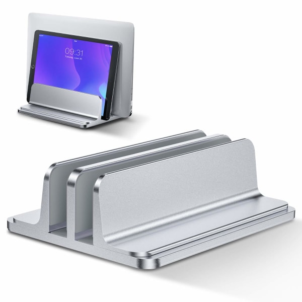 Kaksinkertainen pystysuora kannettavan tietokoneen teline, alumiiniseosteline, hopea