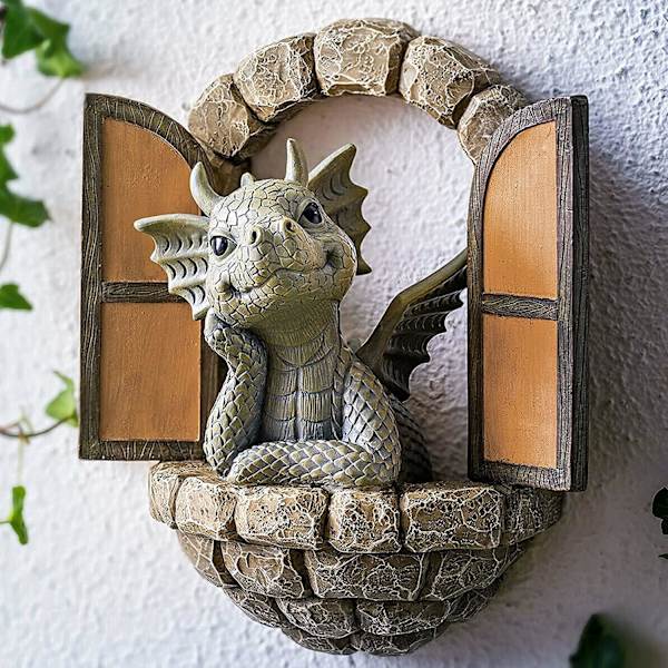 Gårdsdrake Skulptur Väggdekoration, Härlig Harts Trädgård Drake Staty, Liten Drake Mediterar Framför Fönstret Konst Figurer De