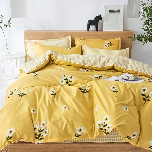 Yellow Duvet Cover Set Double Floral Bedding Set Reversible Soft Quilt Cover with Pillow Cases 2.0m