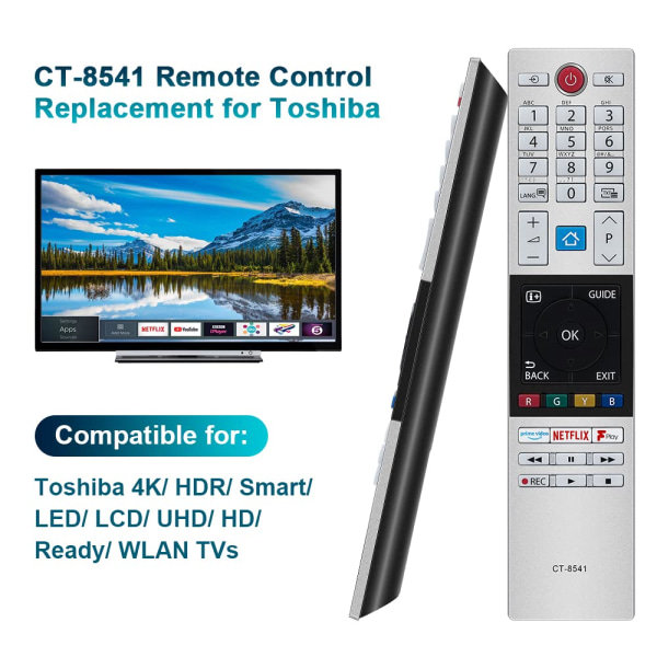 CT-8541 CT8541 30101774 RC42150P Fjernkontroll for Toshiba UHD Frevieww 2018 2019 Klar HD LCD LED med Prime Video Netflix F play Freevieww-knapper