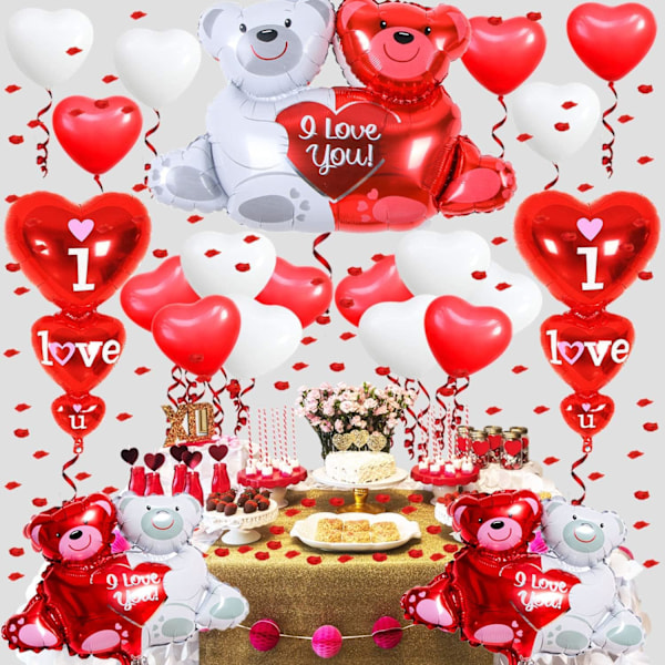 Ballongdekorasjon til Valentinsdagen, I Love You Teddy Bear-ballong, hjerteballonger i rødt og hvitt, røde roseblader, romantisk dekorasjon til bryllup, ekteskap A Small, Medium, Large